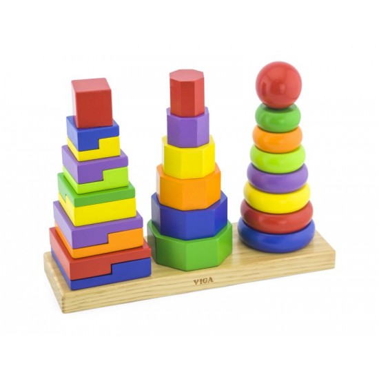 مجموعة من ثلاثة أبراج خشبية عالية الجودة متضمنة حلقات ملونة بأشكال هندسية